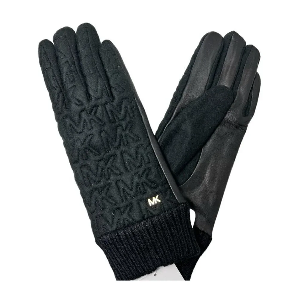 Michael Kors Logo Womens Black Quilted Knit Leather Trim Gloves Sz M New